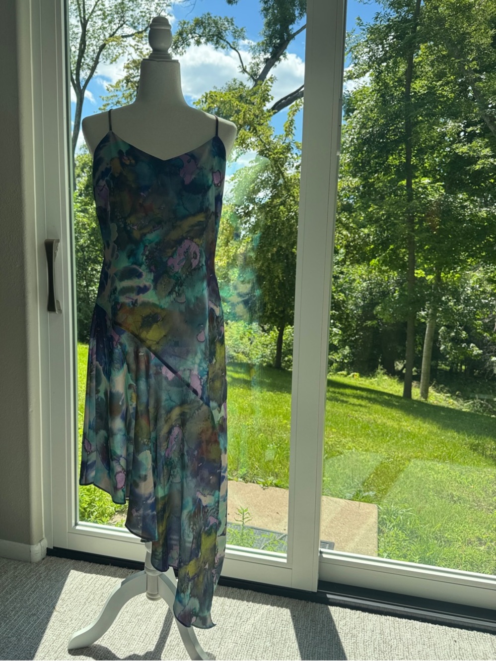 Steve Madden Teal, Purple & Blue Watercolor Asymmetrical Slip Dress